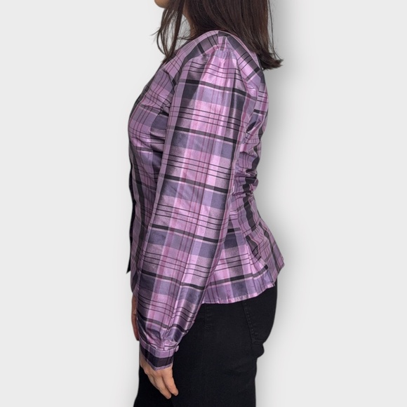 Vintage 1990s Ann Taylor Plaid Silk Button Down Purple & Pink Blouse - Picture 5 of 10
